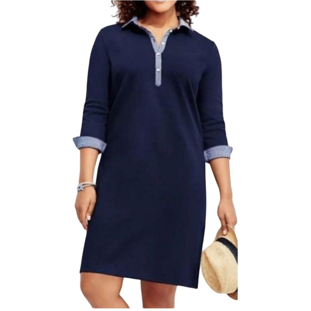 Talbots Cotton Polo Pique Popover Shirt Dress with gingham collar and cuffs sz S
